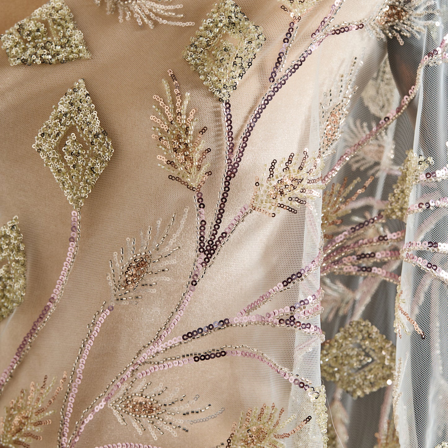 FT25-241T-Gold and pink embroidered fabric