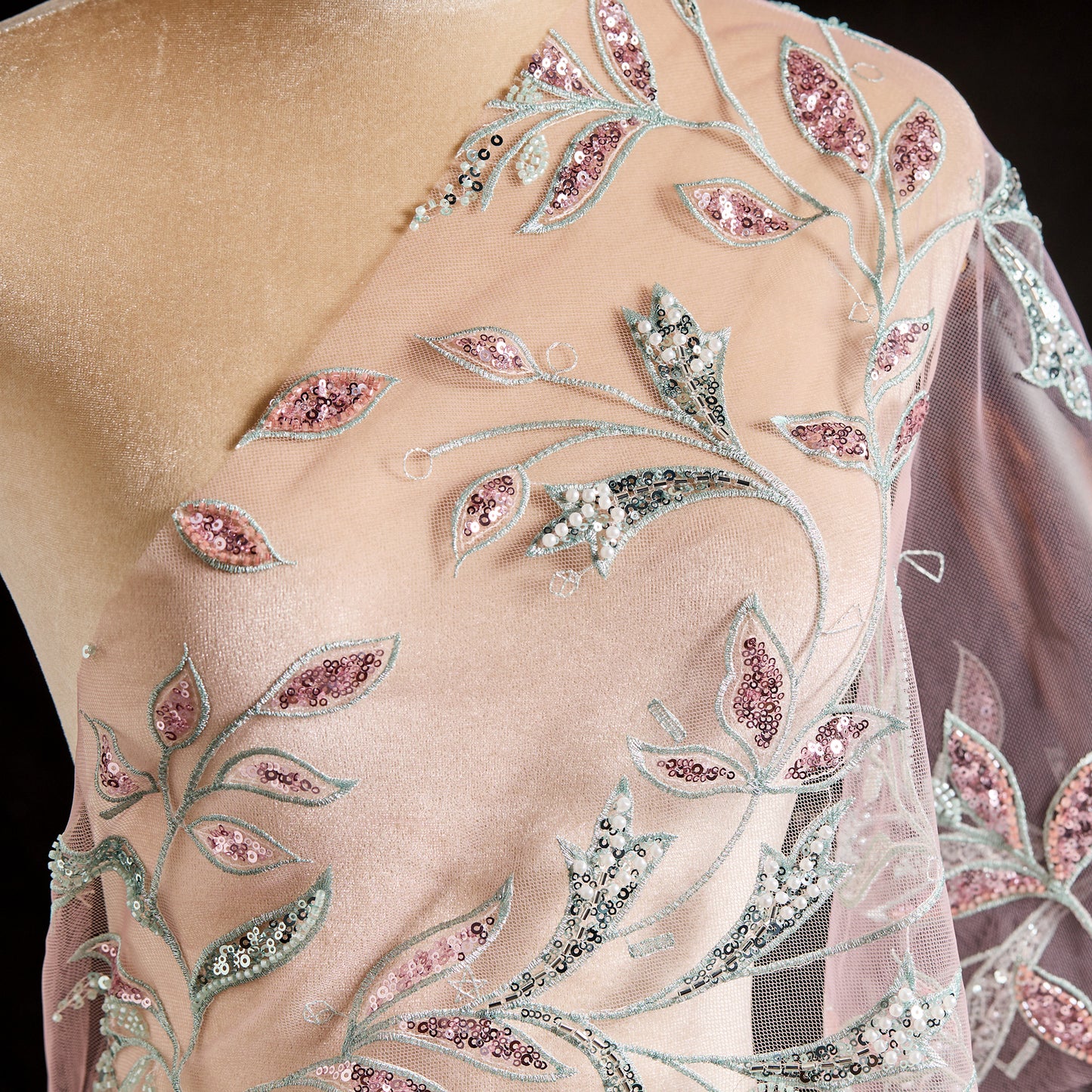 FT25-268B-Pink and green embroidered fabric