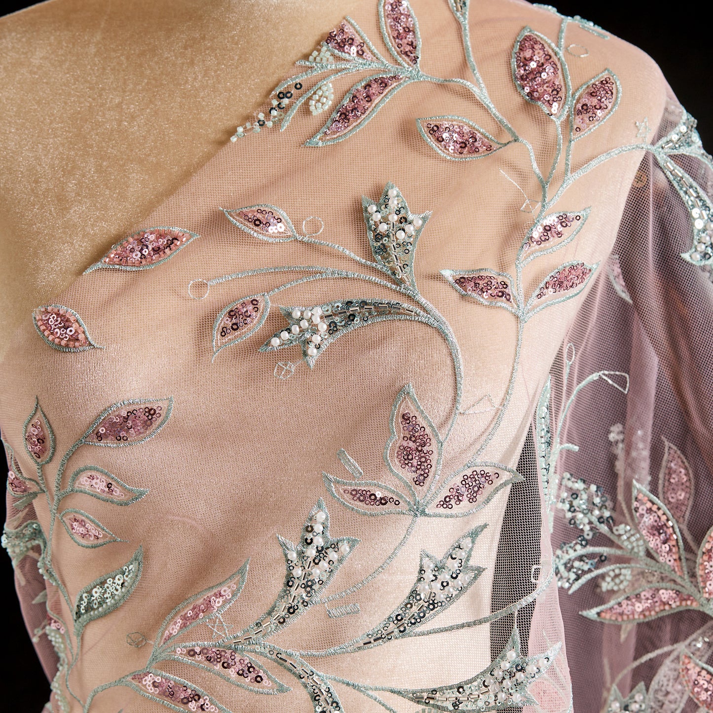 FT25-268B-Pink and green embroidered fabric