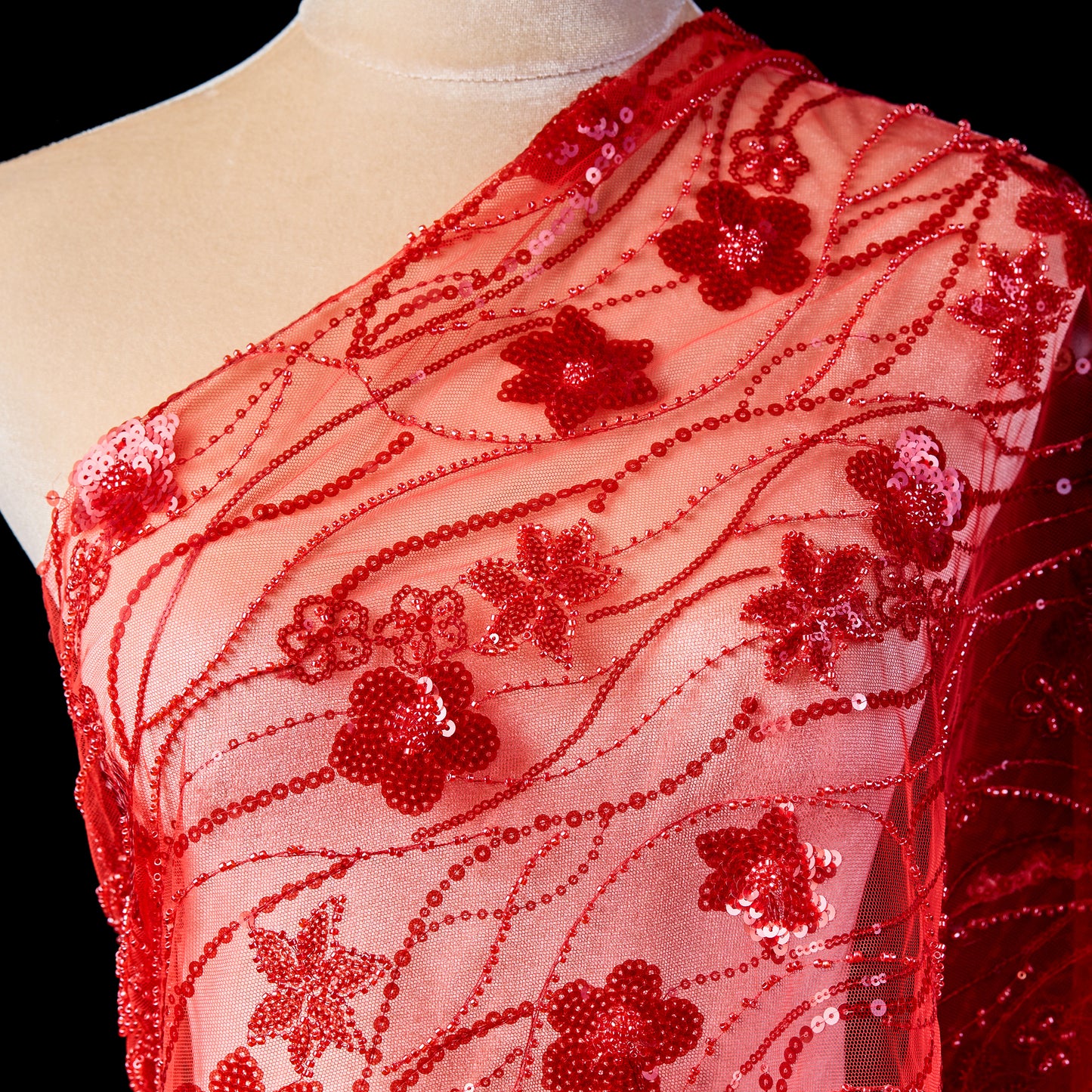 FT25-200-Red sequin embroidery fabric