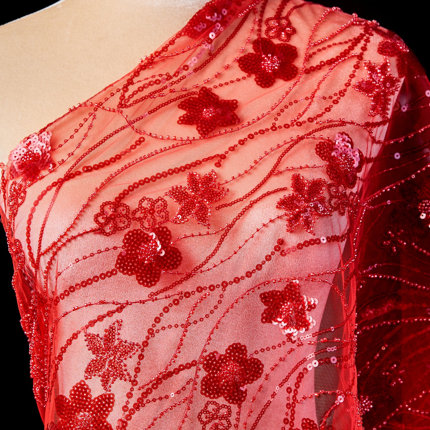 FT25-200-Red sequin embroidery fabric