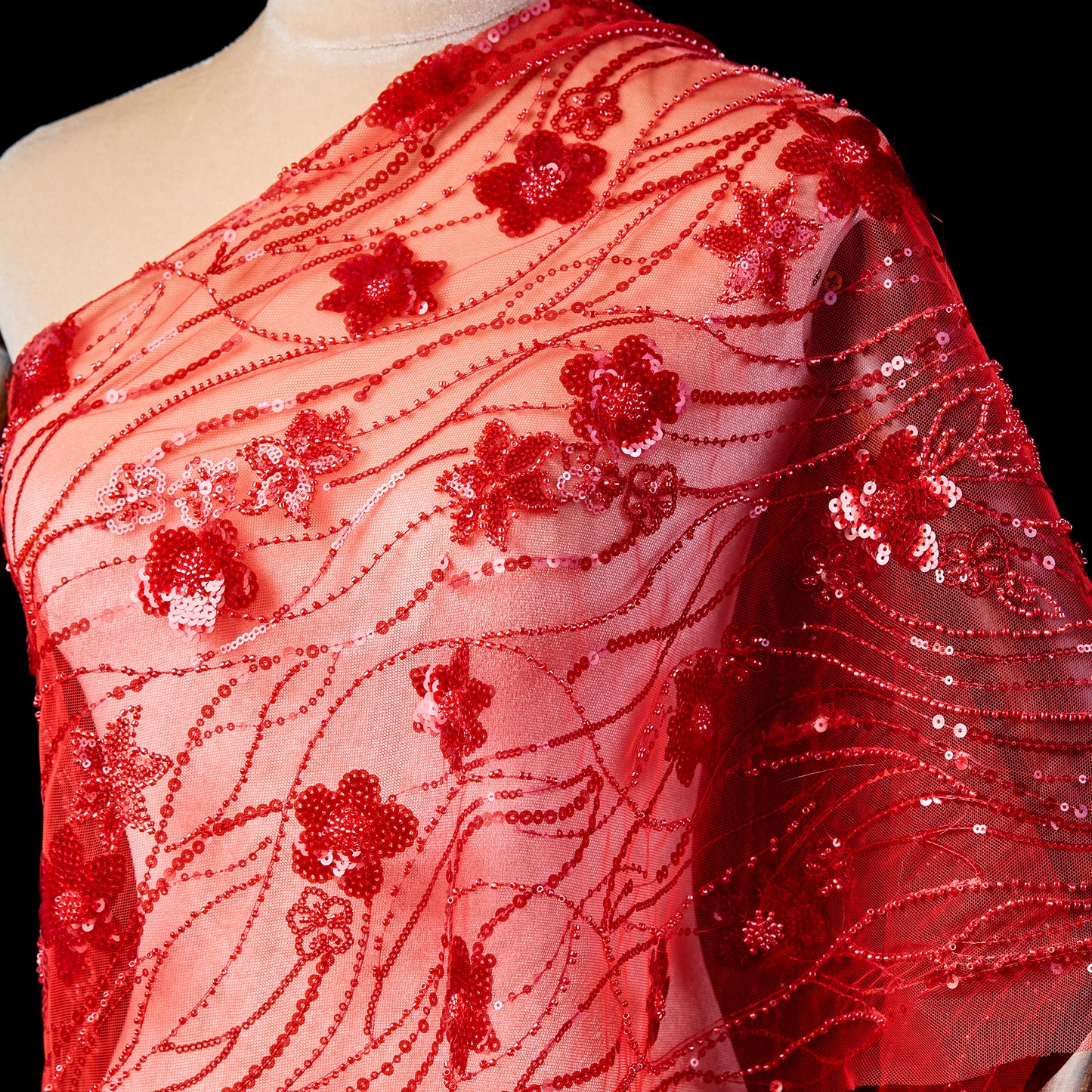 FT25-200-Red sequin embroidery fabric