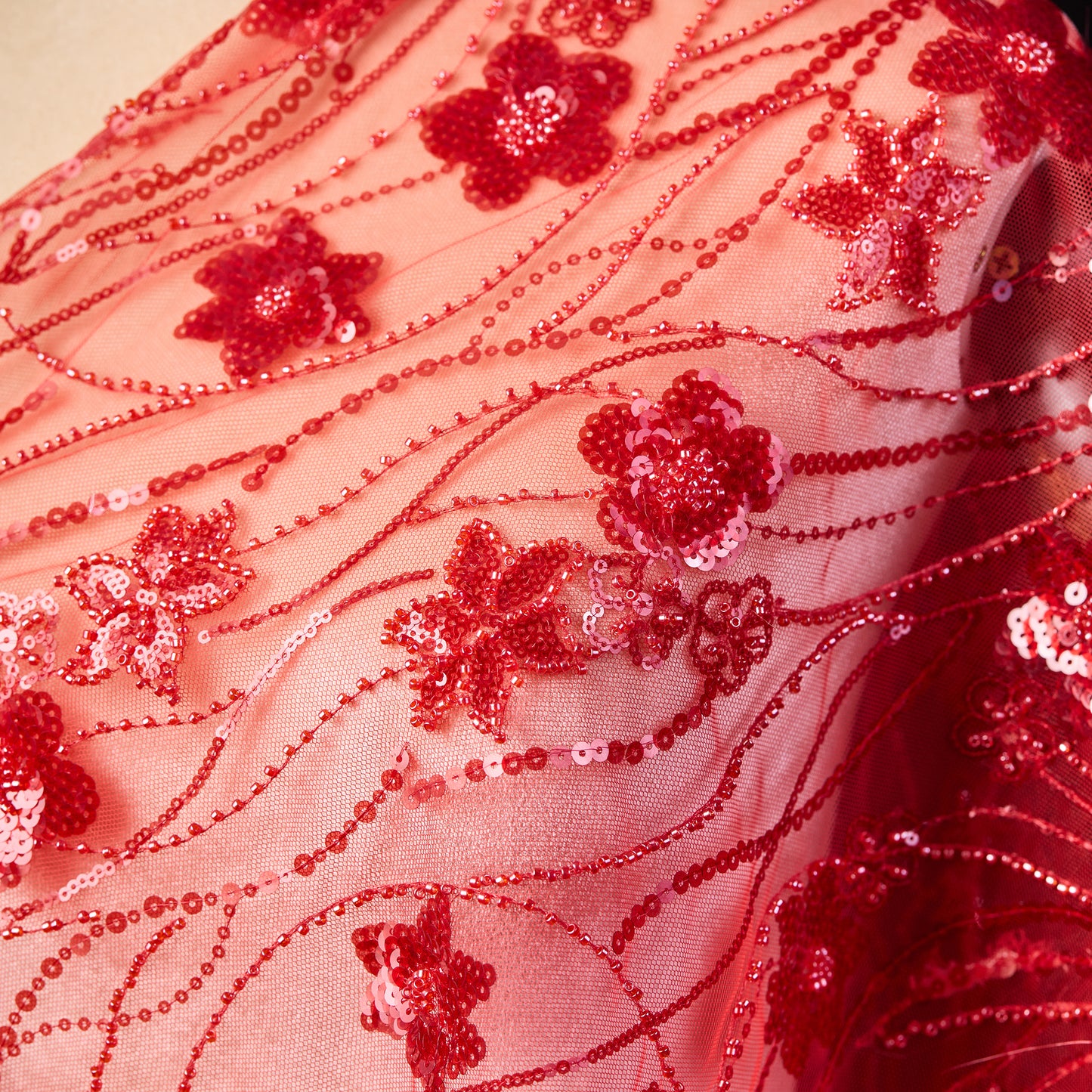 FT25-200-Red sequin embroidery fabric