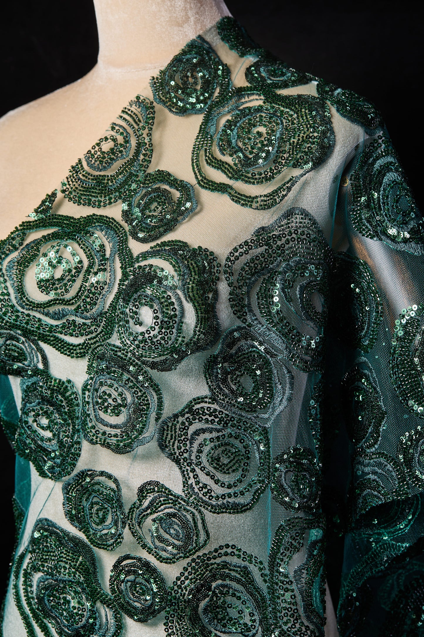 FT25-163-Dark green embroidered fabric