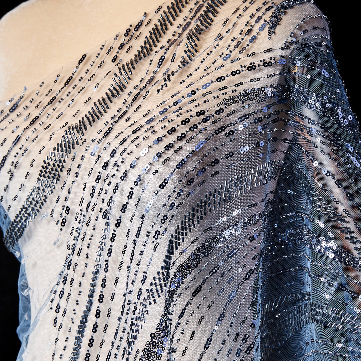 FT25-207B-Gray blue sequin embroidered fabric