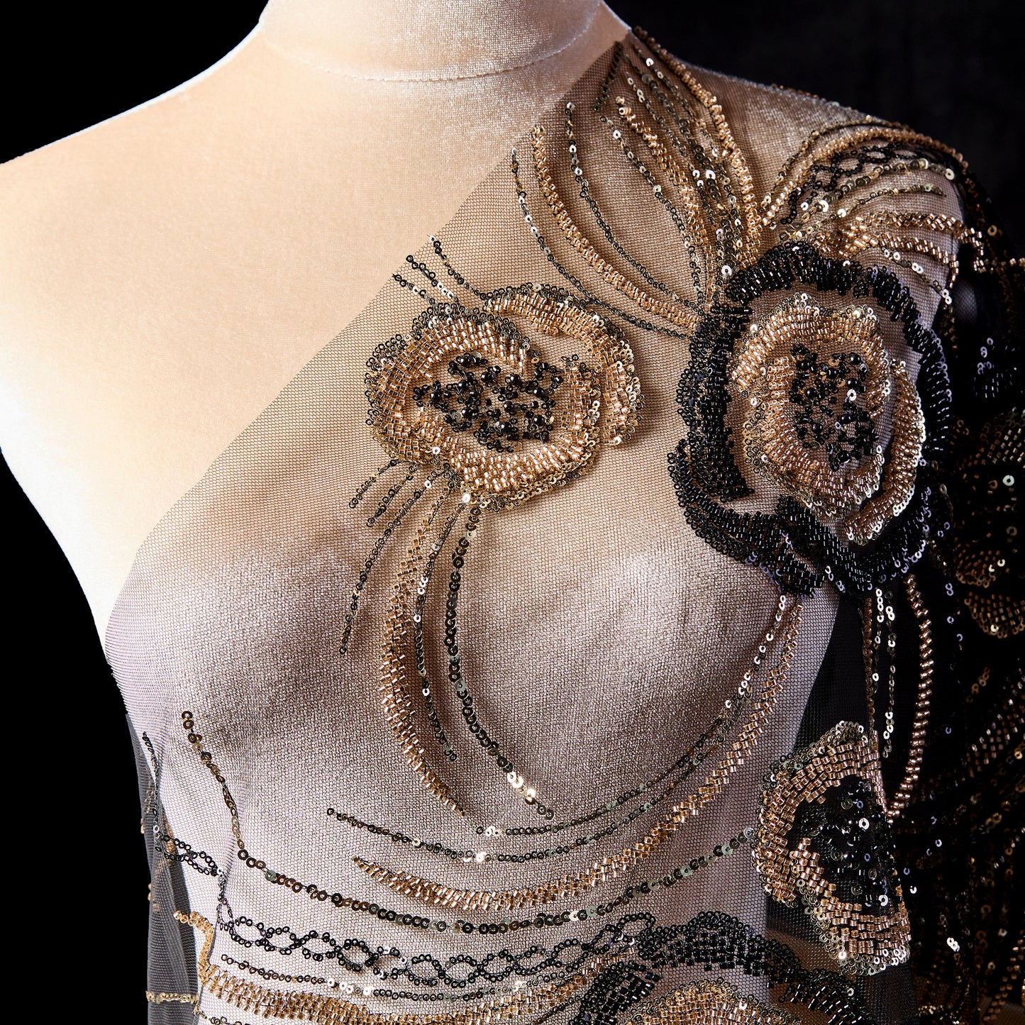 FT25-071-Black and gold embroidered fabric