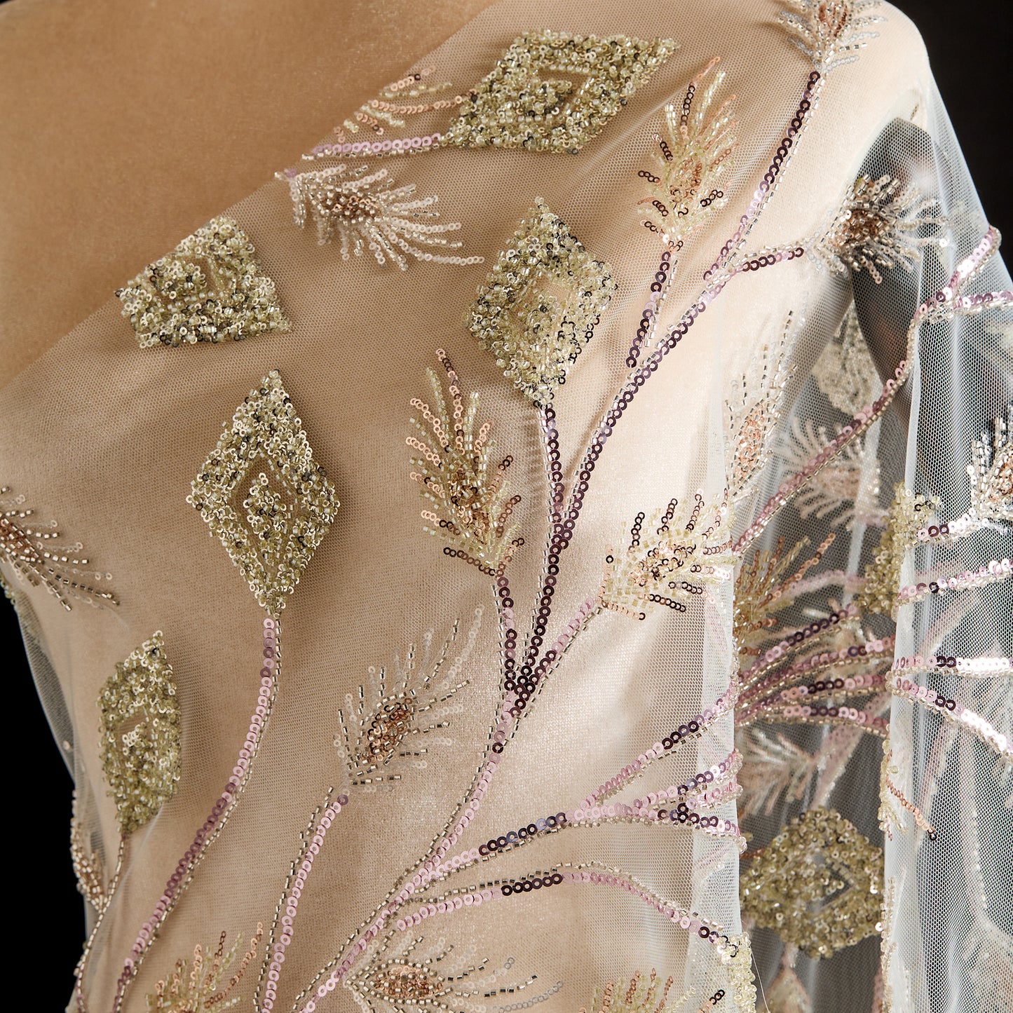 FT25-241T-Gold and pink embroidered fabric