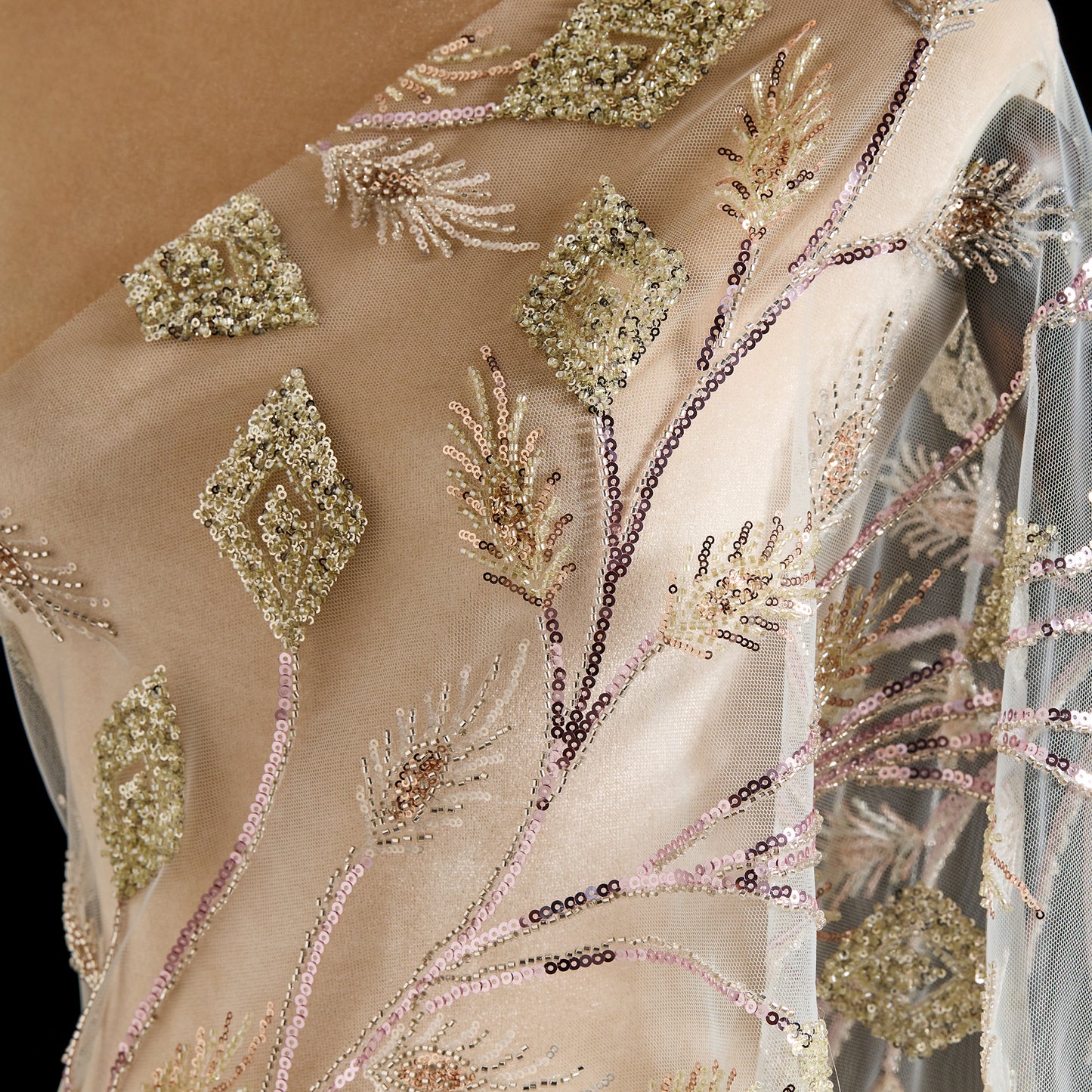 FT25-241T-Gold and pink embroidered fabric