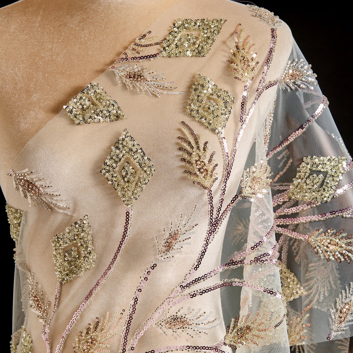 FT25-241T-Gold and pink embroidered fabric