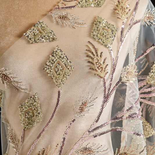 FT25-241T-Gold and pink embroidered fabric