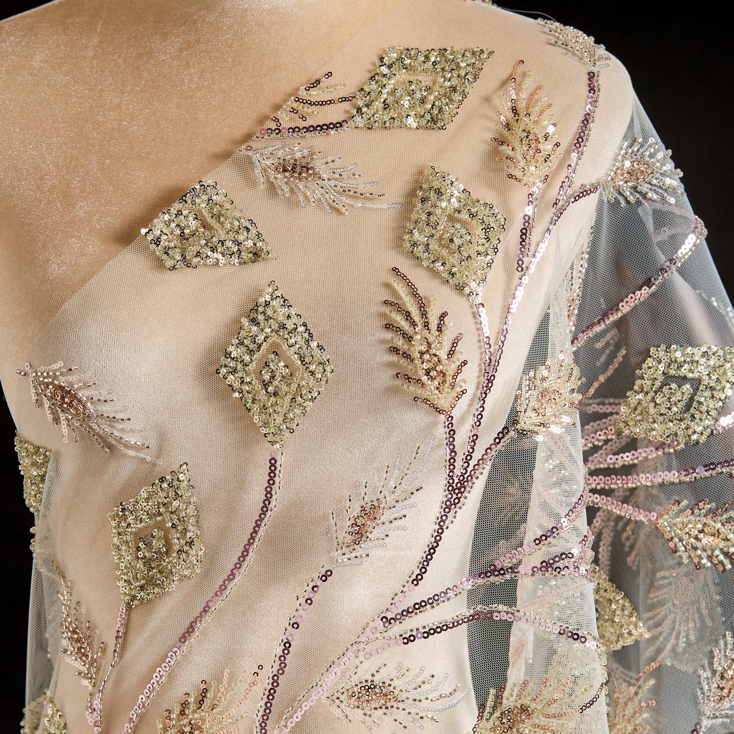 FT25-241T-Gold and pink embroidered fabric