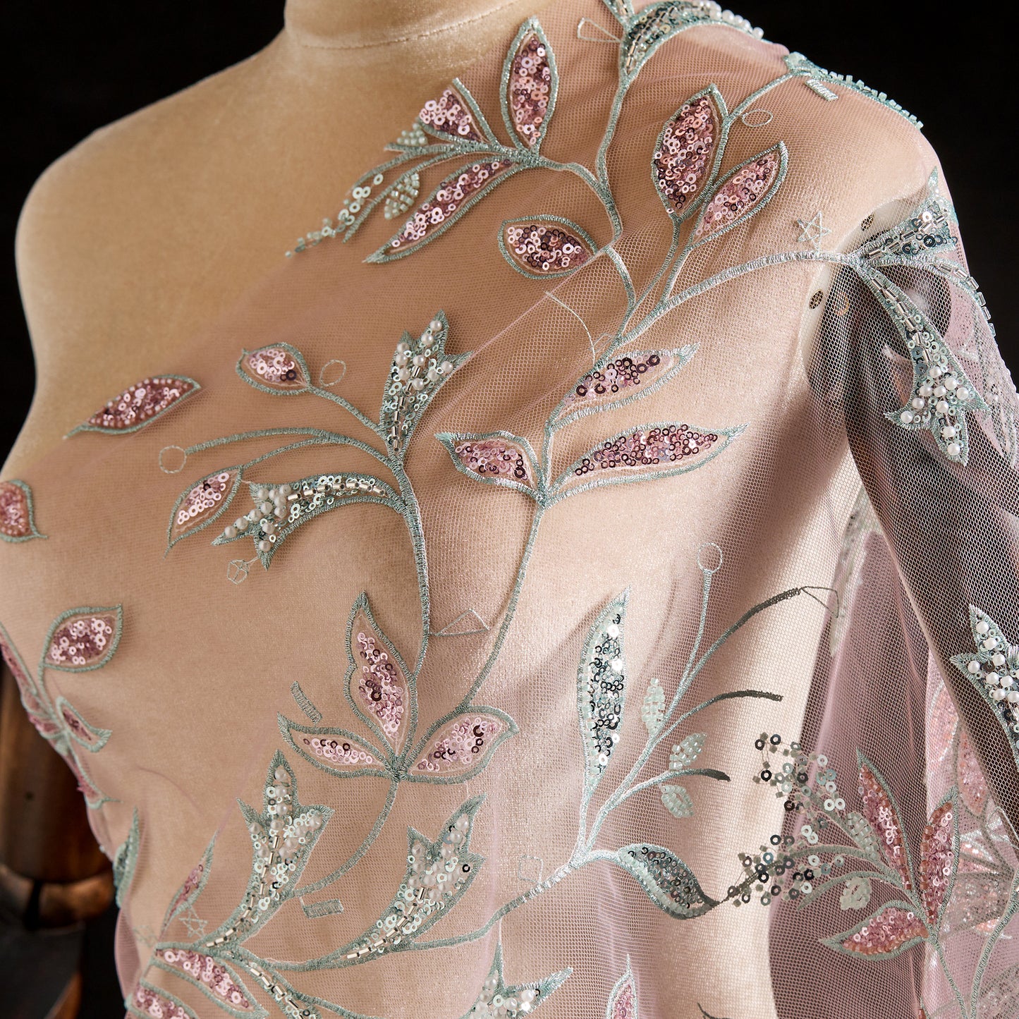FT25-268B-Pink and green embroidered fabric