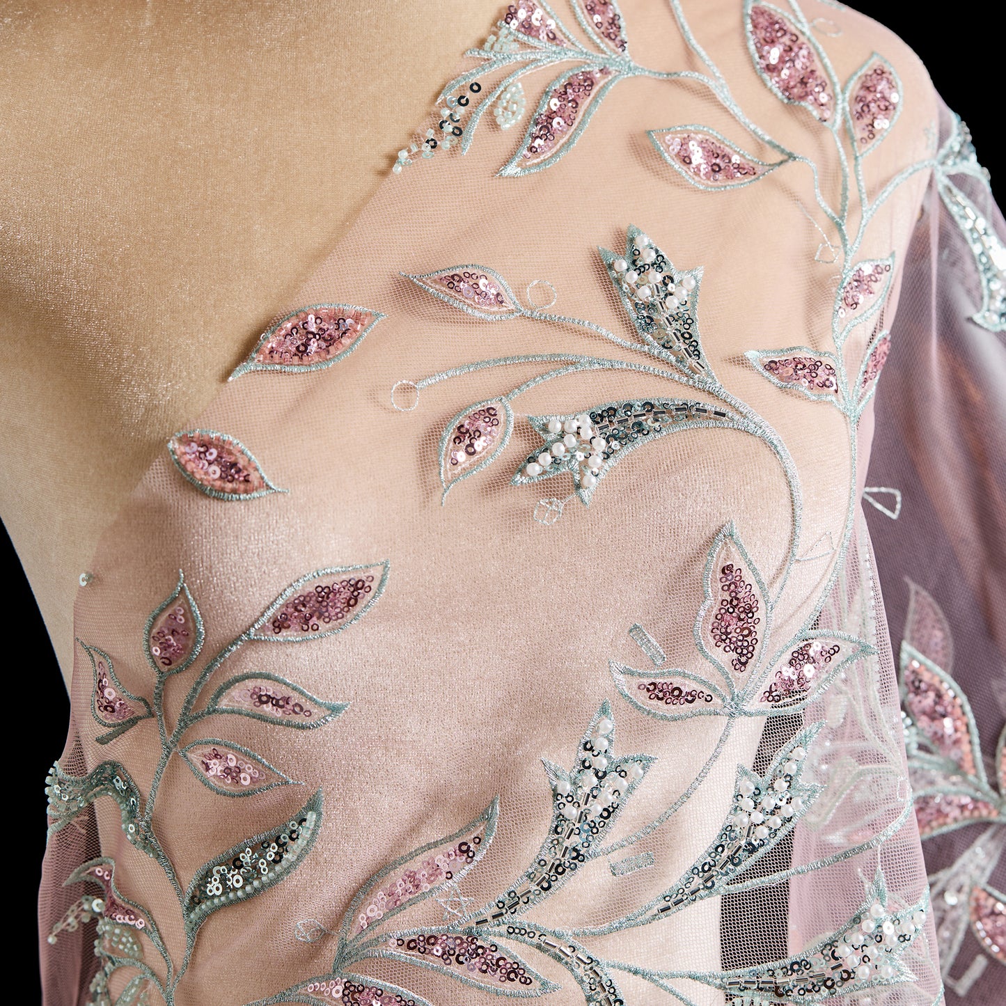 FT25-268B-Pink and green embroidered fabric