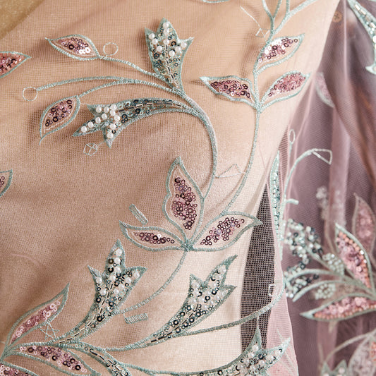 FT25-268B-Pink and green embroidered fabric