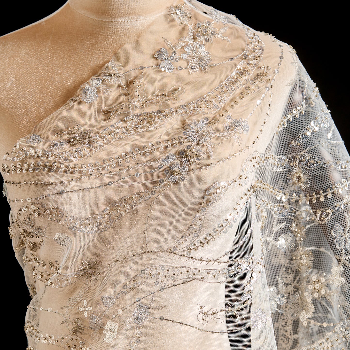 FT25-143-Silvery white embroidered fabric