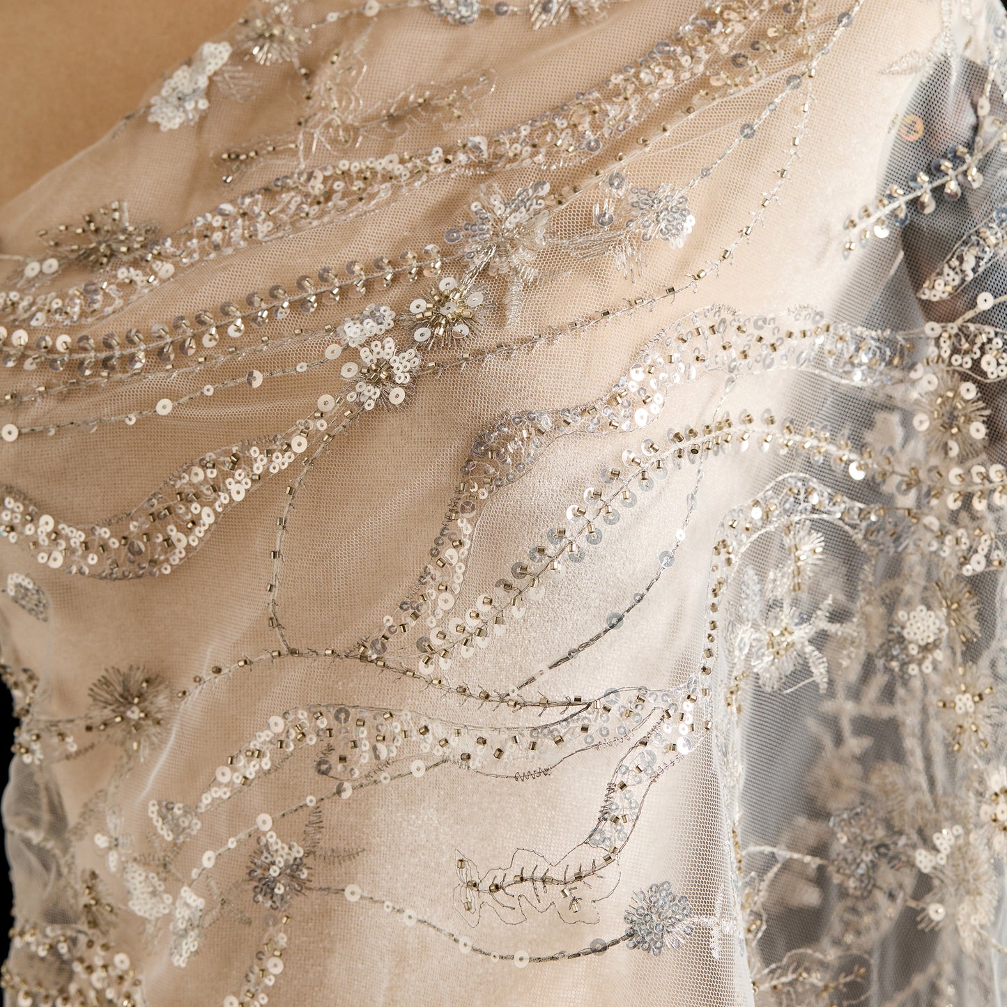 FT25-143-Silvery white embroidered fabric
