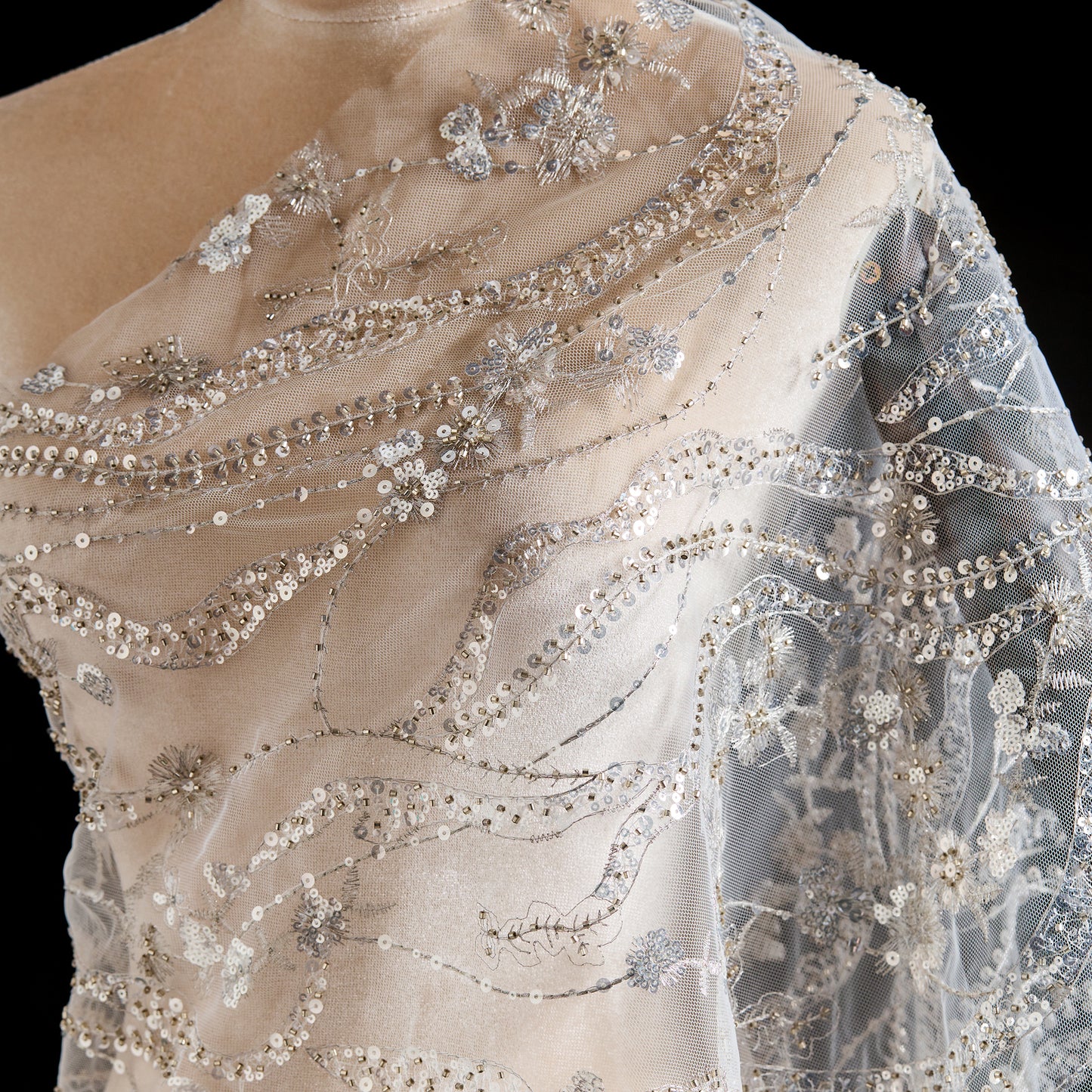 FT25-143-Silvery white embroidered fabric