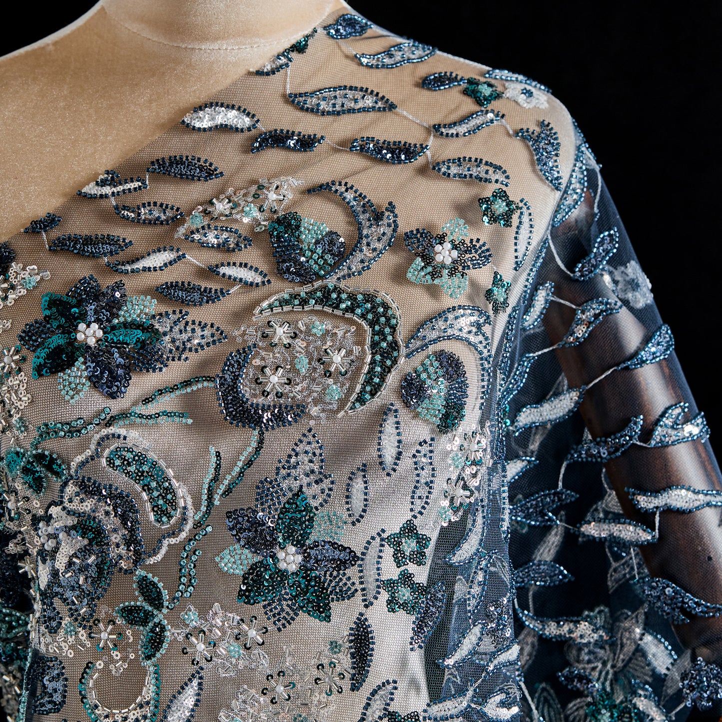 FT25-154-Peacock blue embroidery fabric