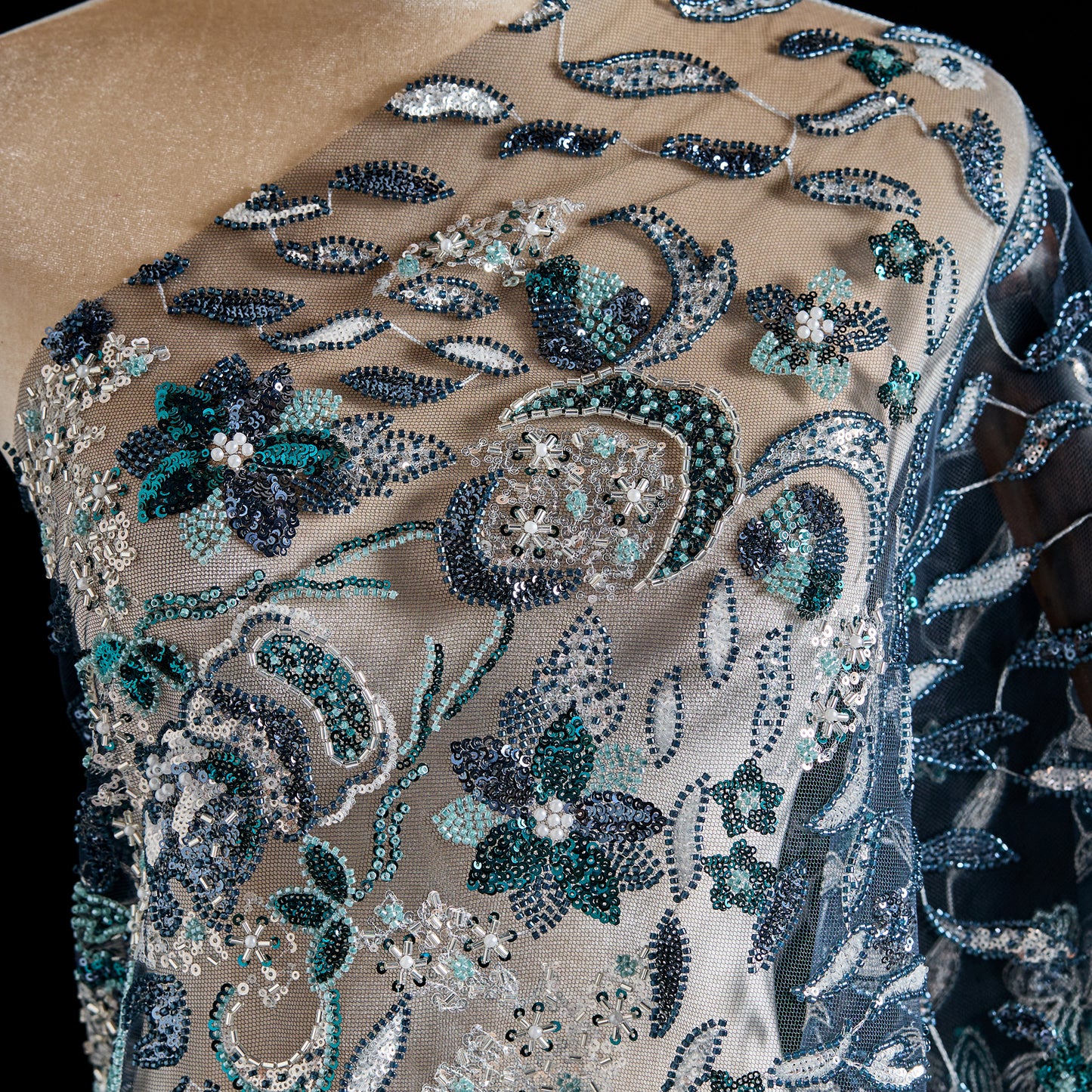 FT25-154-Peacock blue embroidery fabric