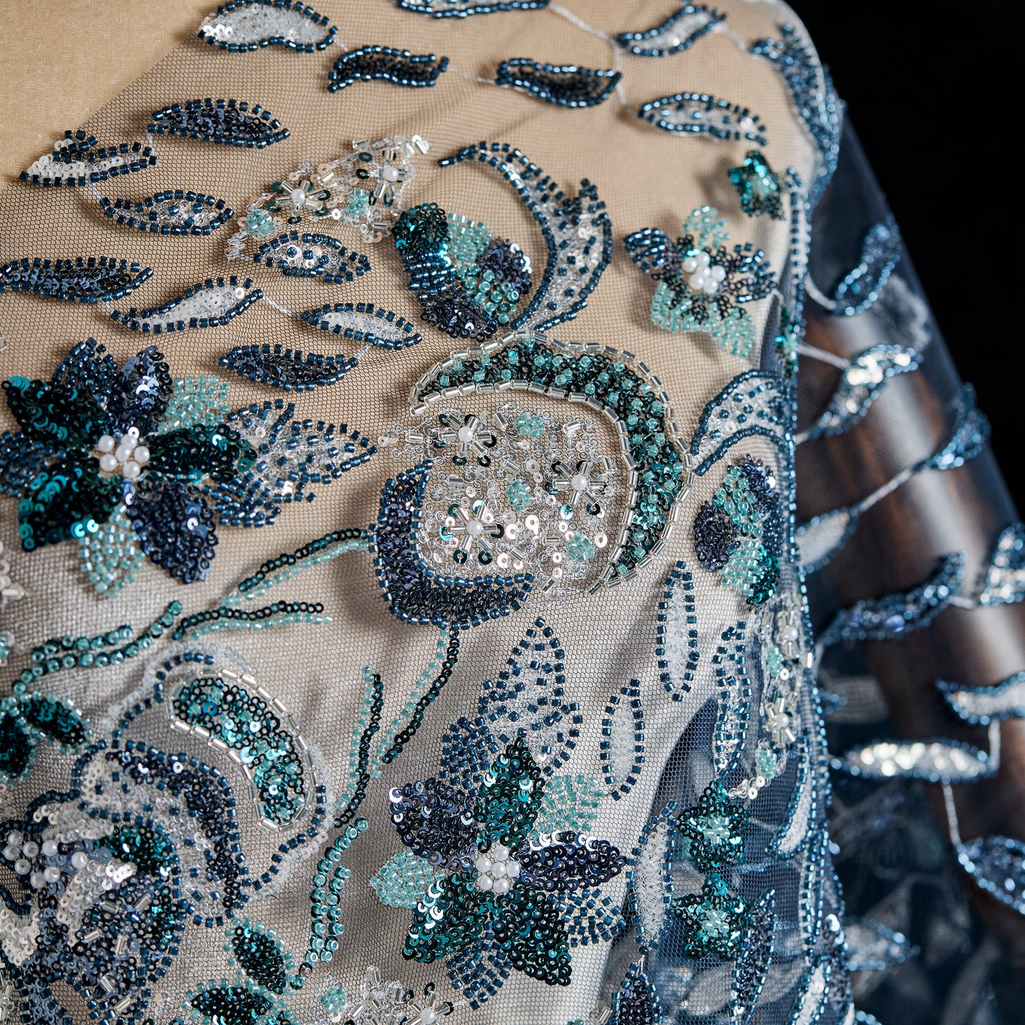 FT25-154-Peacock blue embroidery fabric