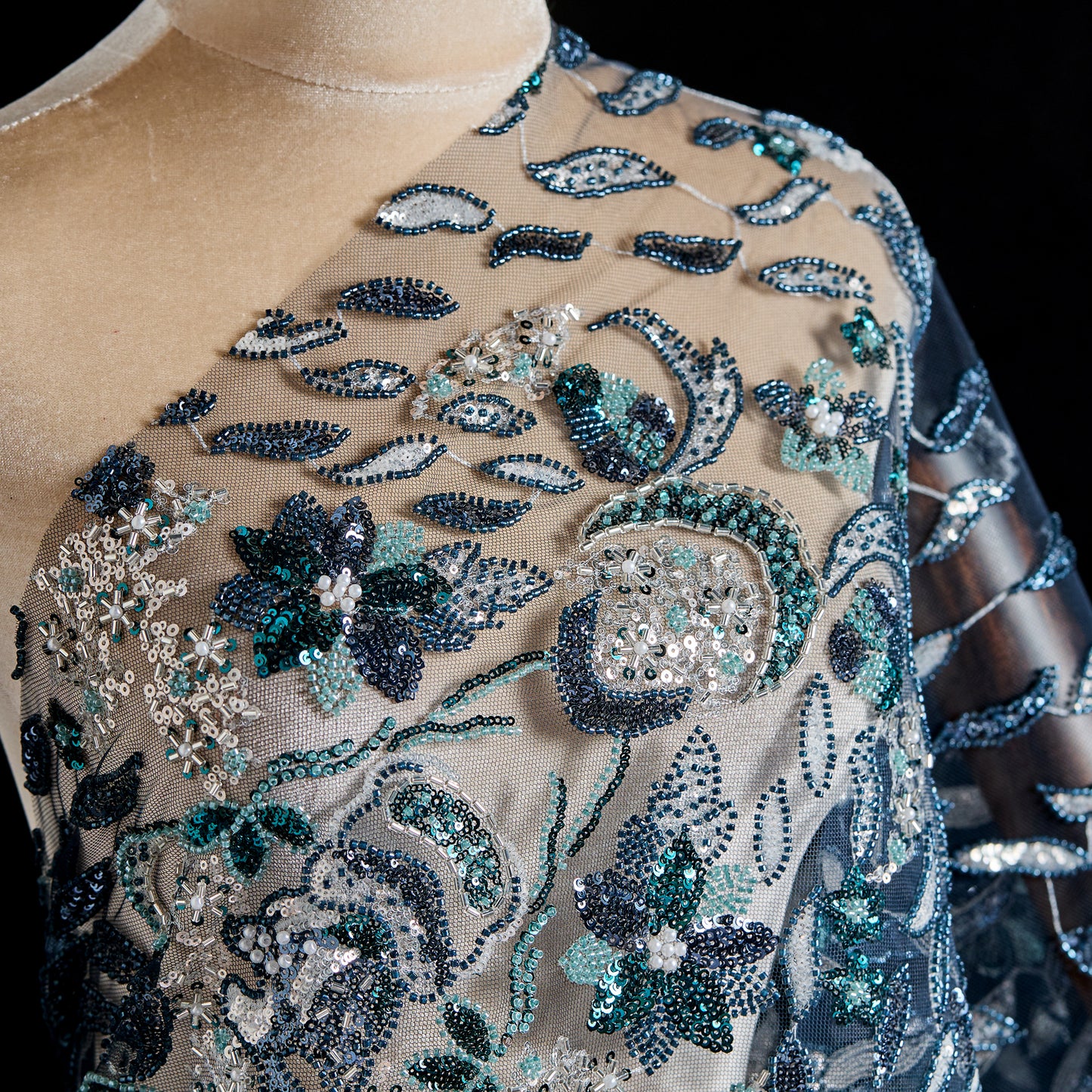 FT25-154-Peacock blue embroidery fabric