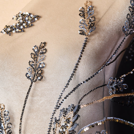 FT25-174T-Black and gold beaded decoration Embroidery fabric