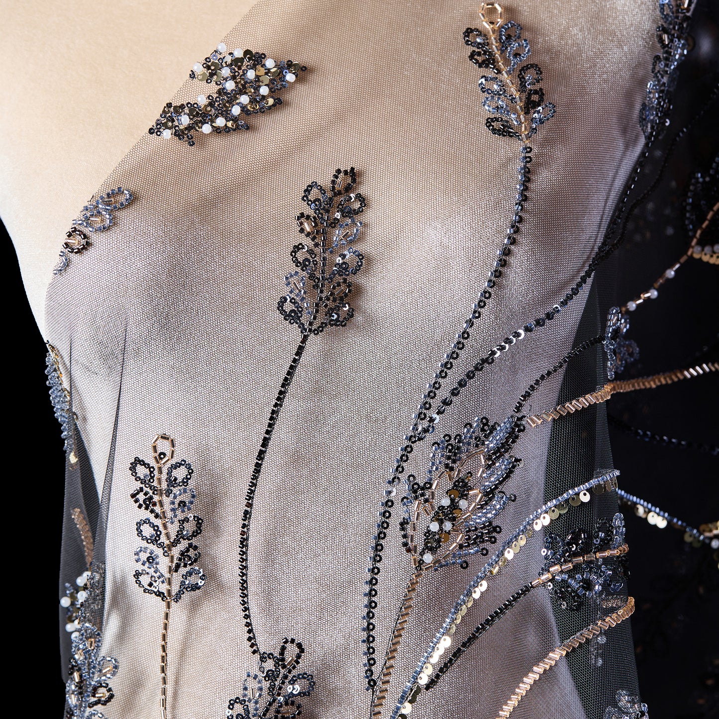 FT25-174T-Black and gold beaded decoration Embroidery fabric