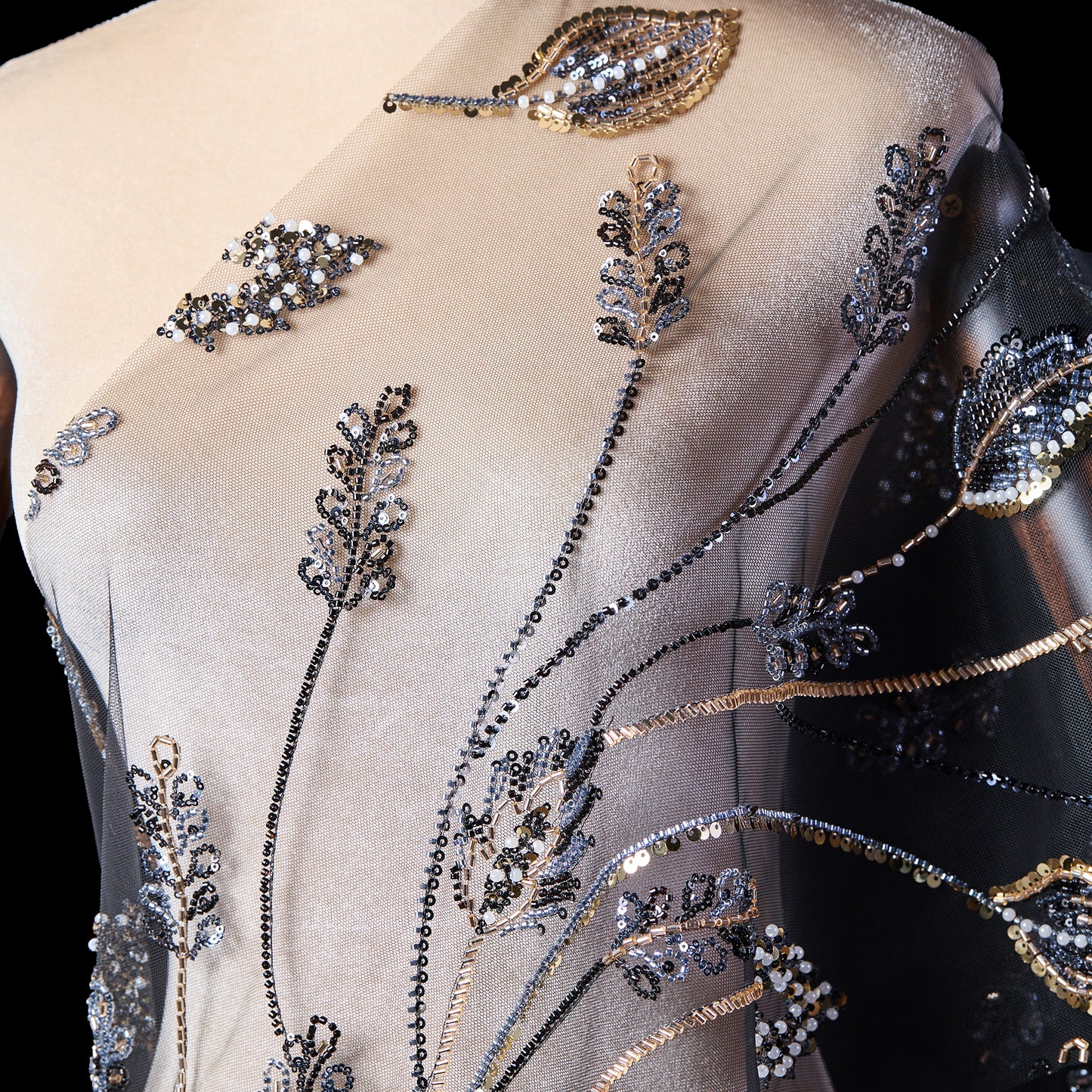 FT25-174T-Black and gold beaded decoration Embroidery fabric