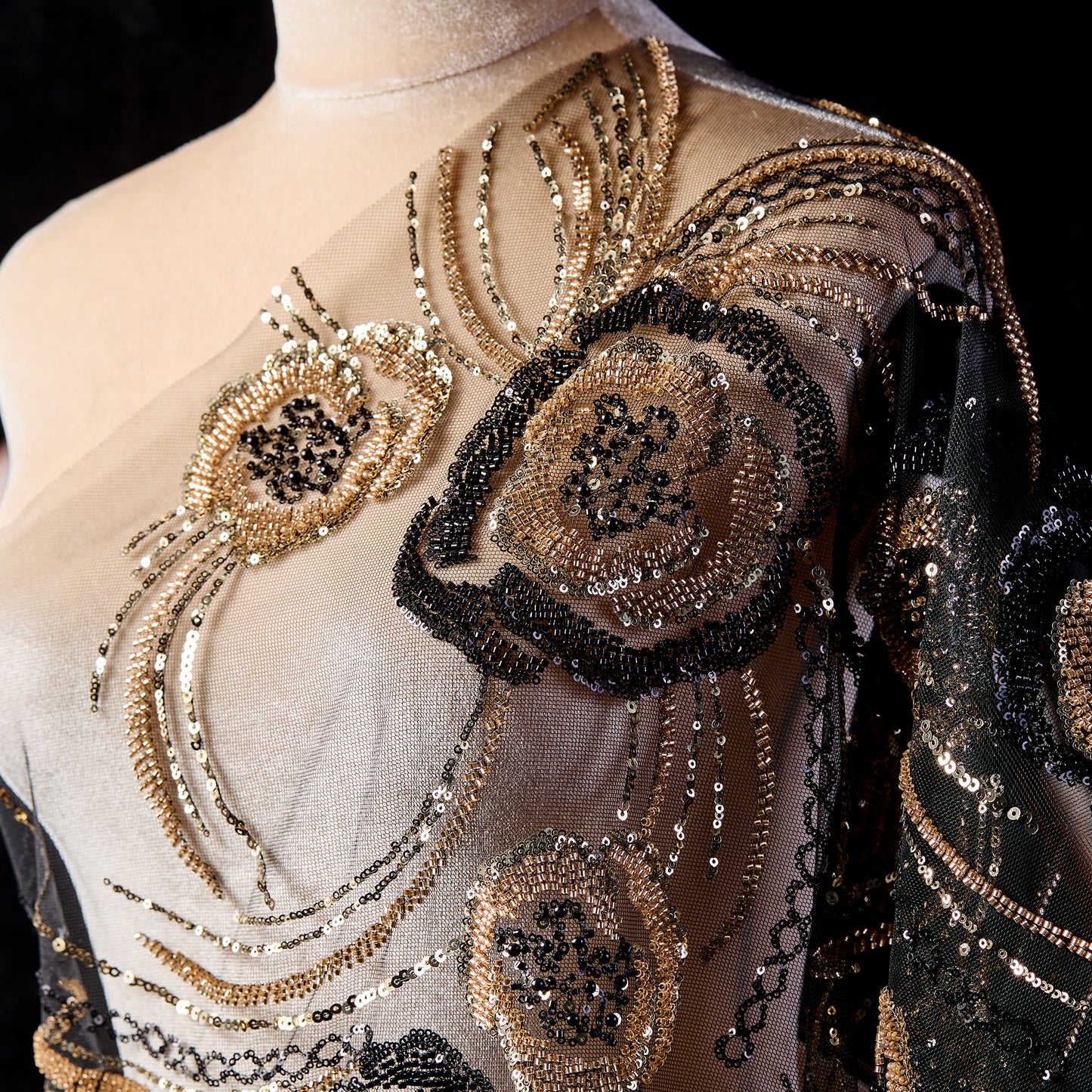 FT25-071-Black and gold embroidered fabric