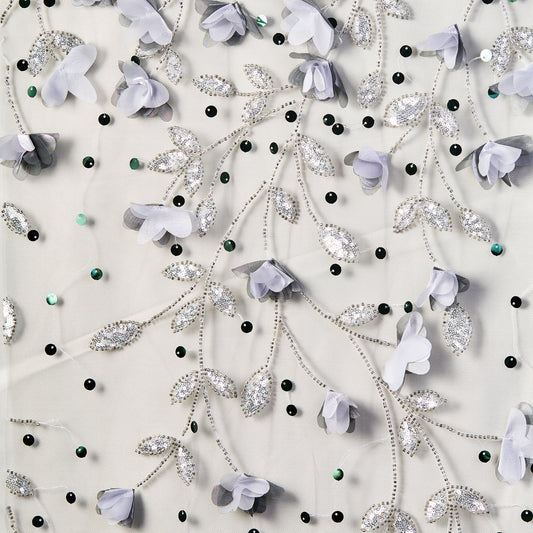 FT25-128D-Silver floral embroidery fabric