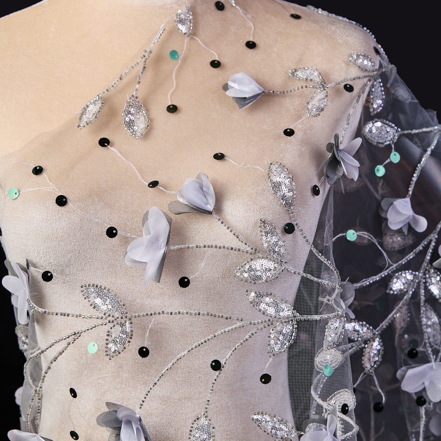 FT25-128D-Silver floral embroidery fabric