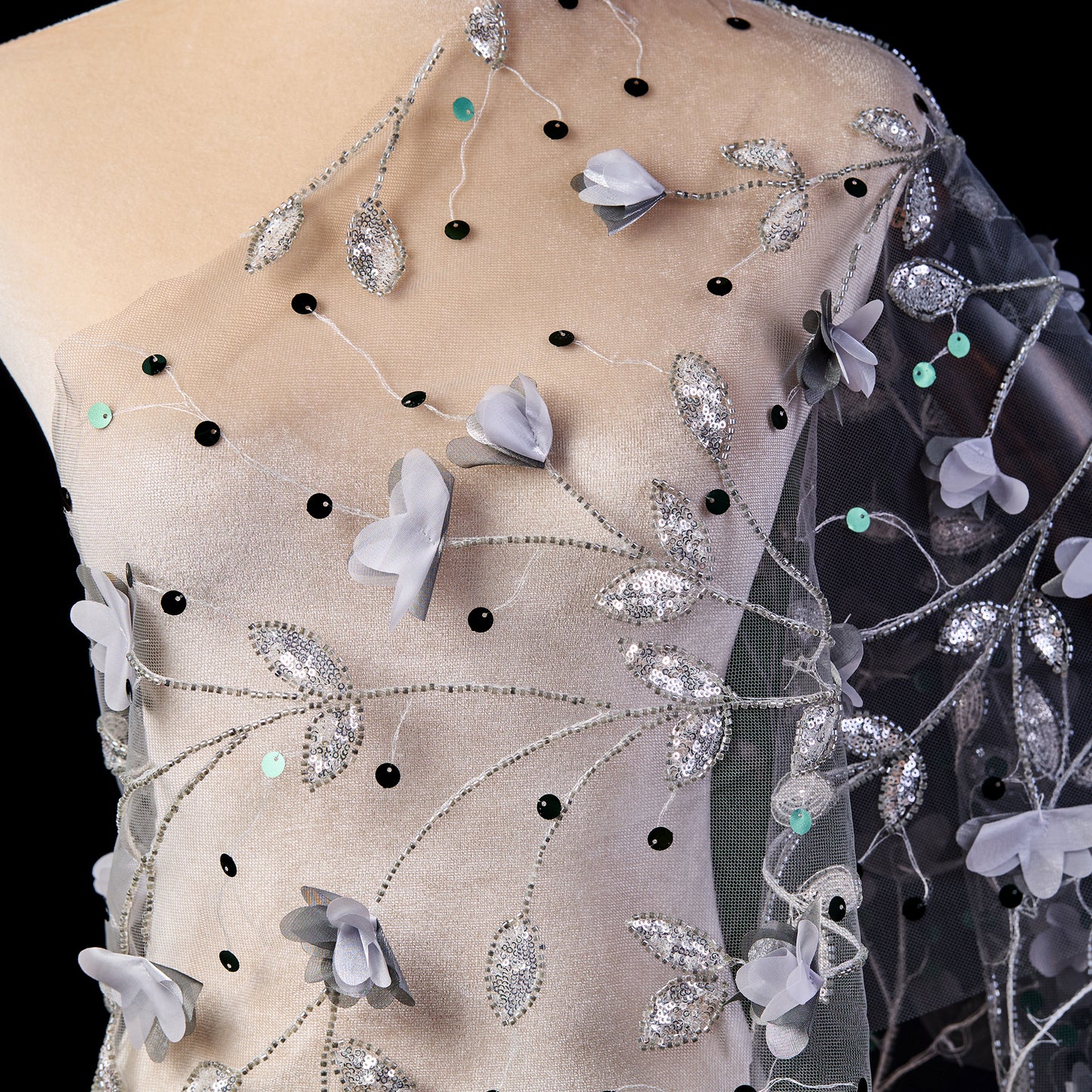FT25-128D-Silver floral embroidery fabric