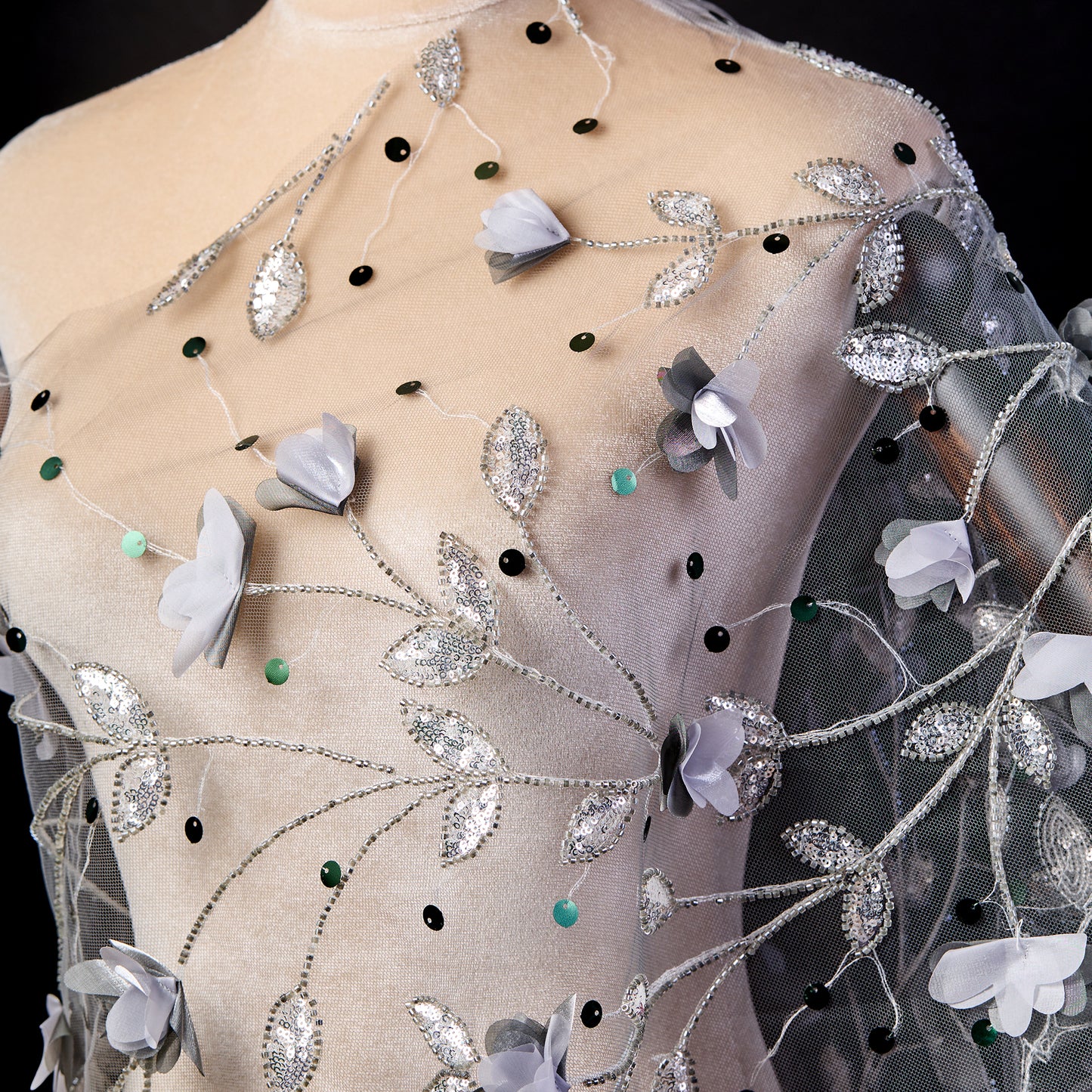 FT25-128D-Silver floral embroidery fabric